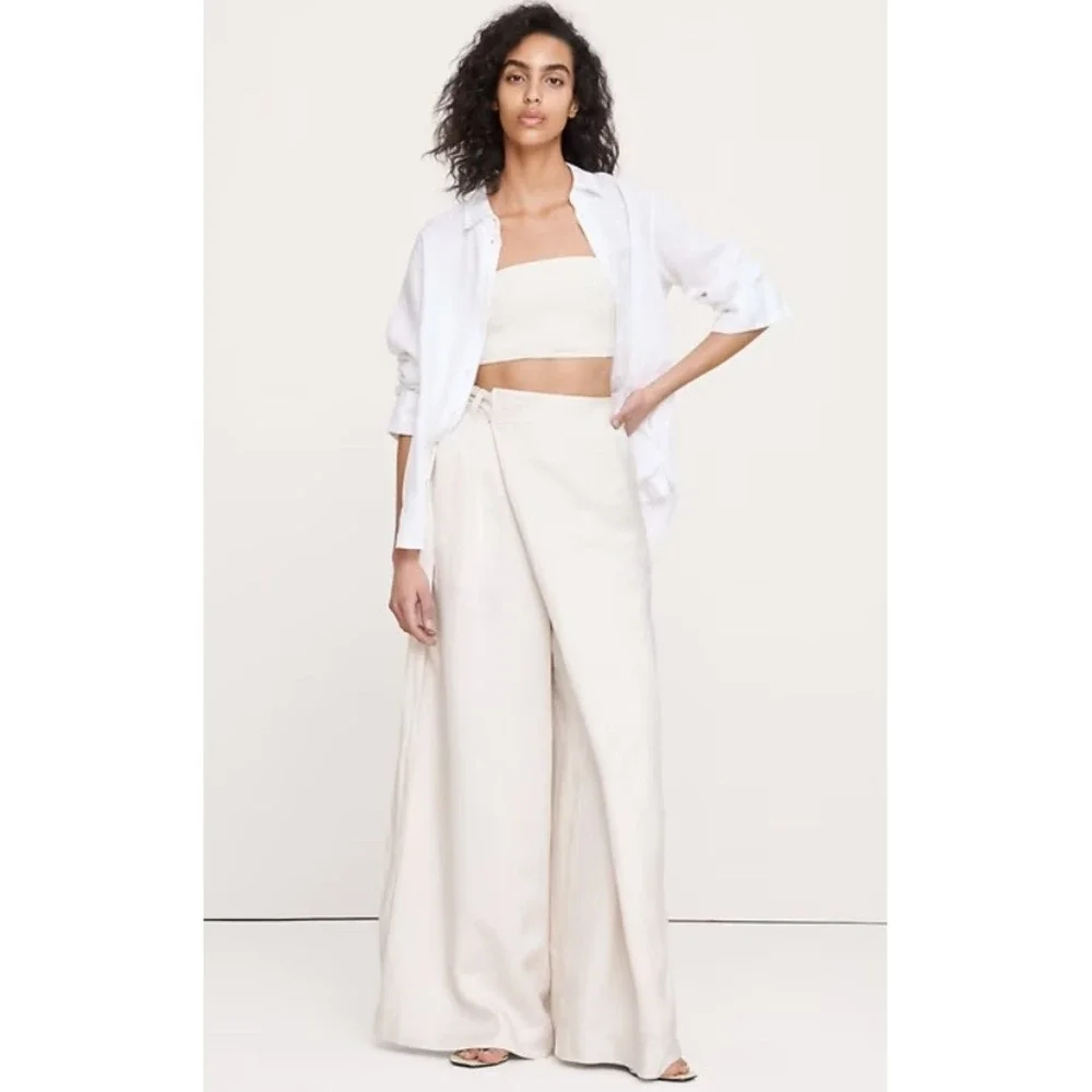Banana Republic Linen Blend Wrap Wide Leg Lagenlook Pants Ivory Tie Waist NWT M
